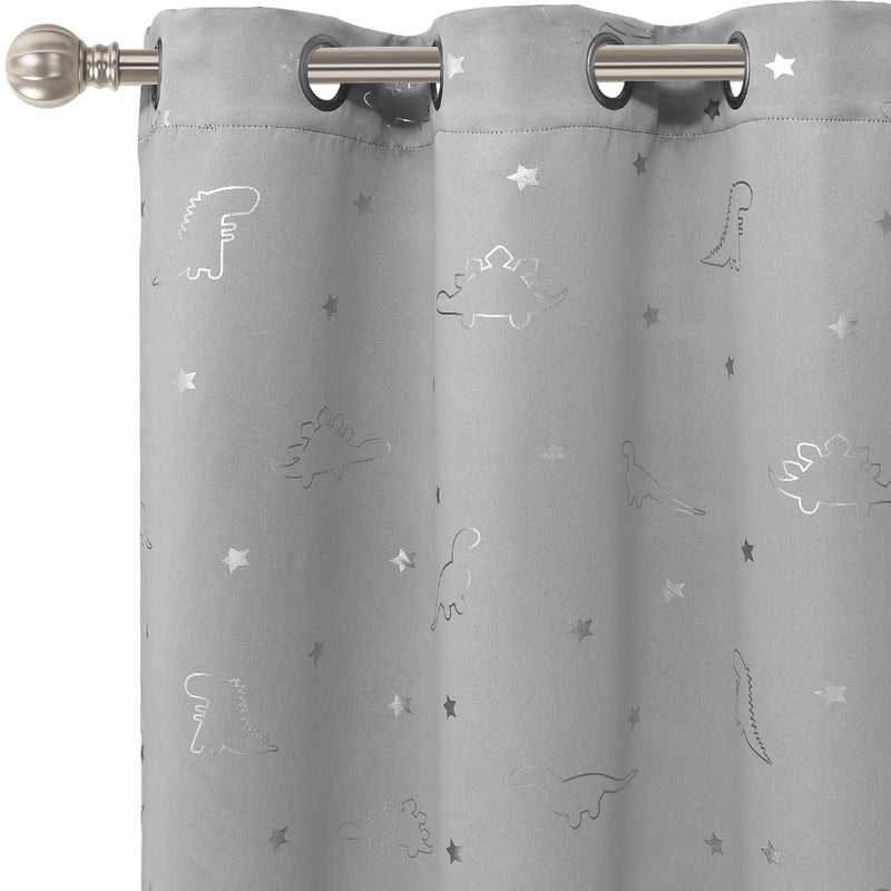 LORDTEX Dinosaur and Star Foil Print Blackout Curtains for Kids Room - Thermal Insulated Curtains Noise Reducing Window Drapes for Boys and Girls Bedroom, 42 x 63 Inch, Light Grey, Set of 2 Panels - Image 1